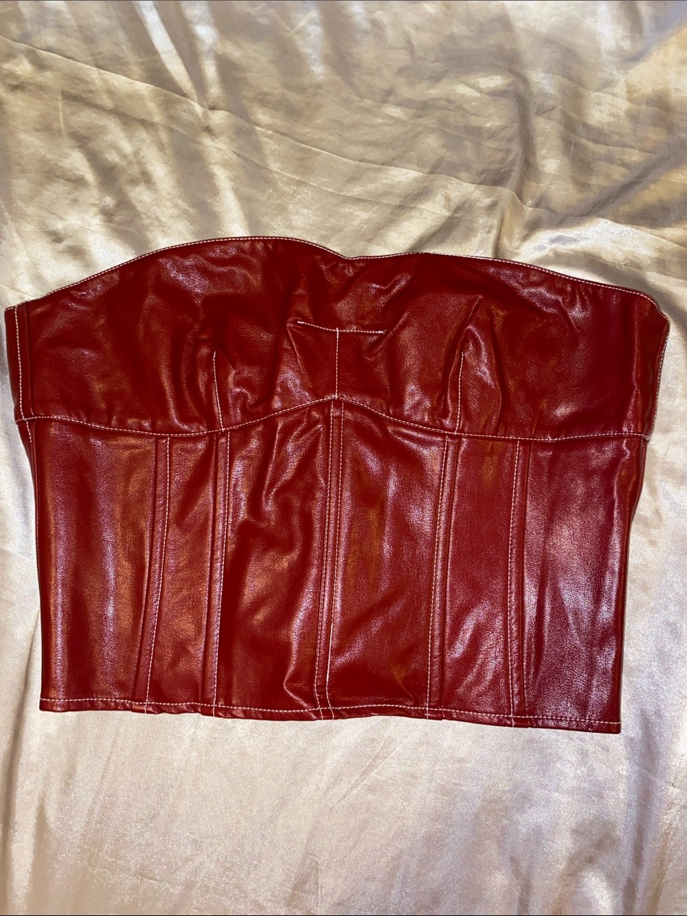 Edikted Strapless Faux Leather Bustier Top in Red